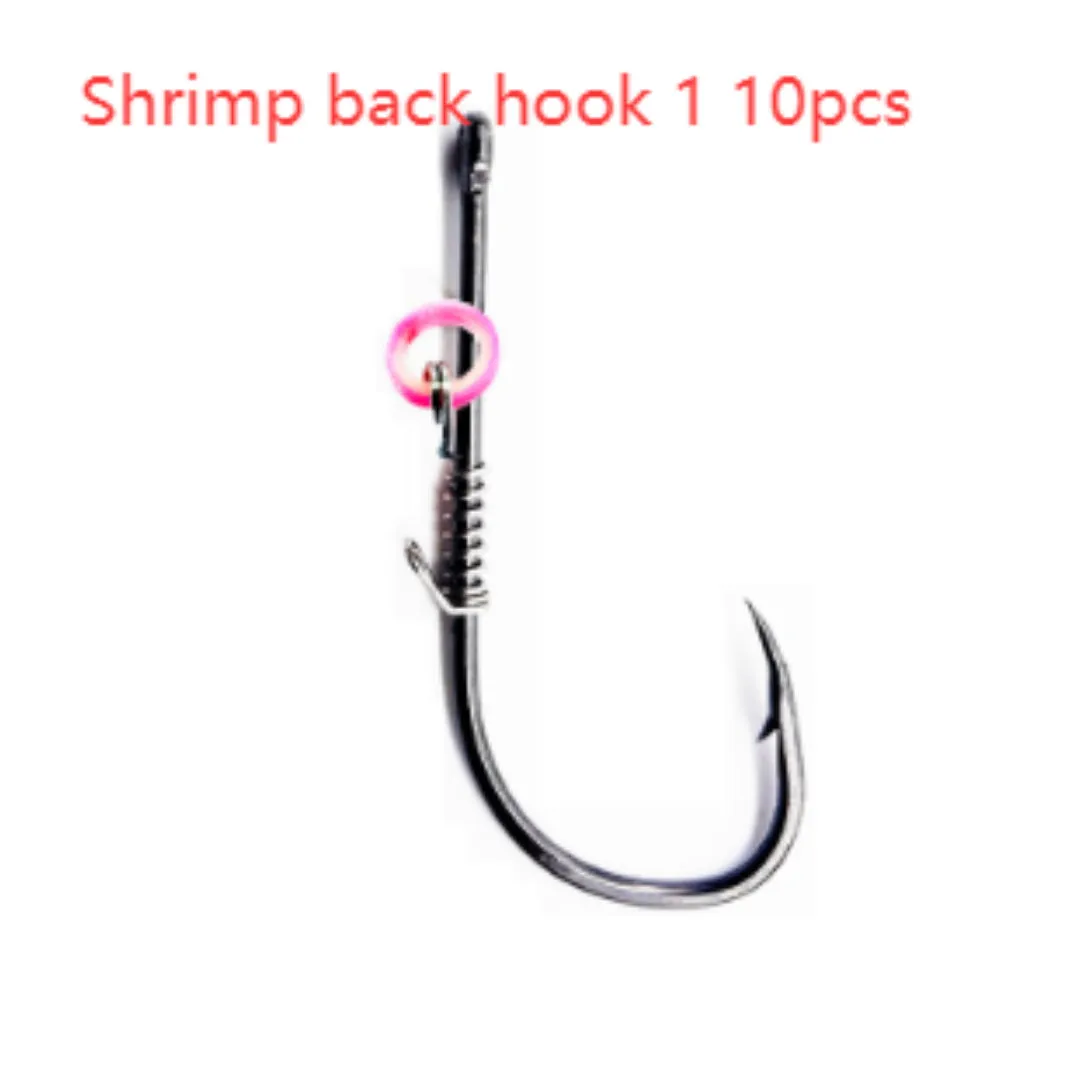 Spring rubber band sea fishing lure with barbed hook holding live shrimp for outdoor fishing