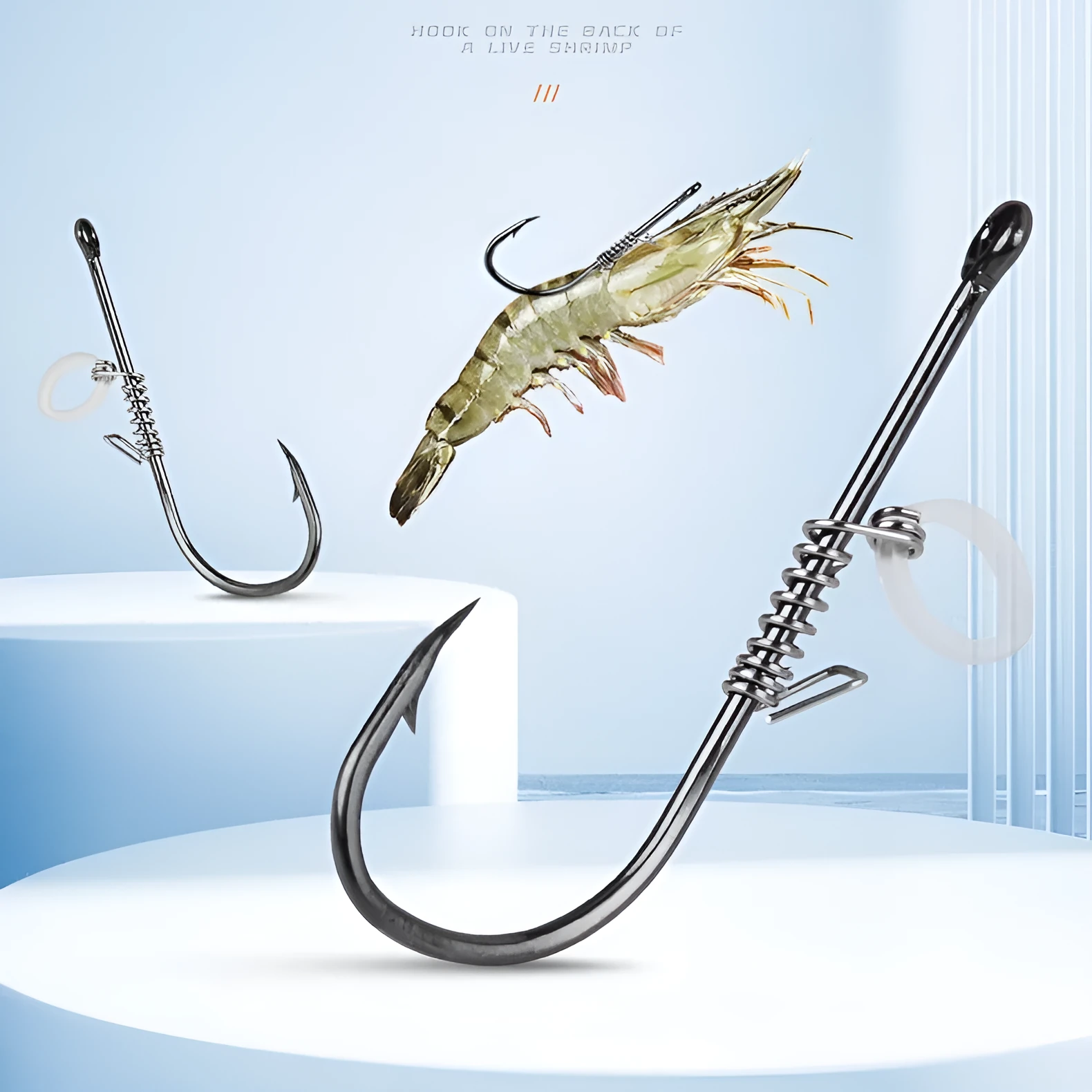 Spring rubber band sea fishing lure with barbed hook holding live shrimp for outdoor fishing
