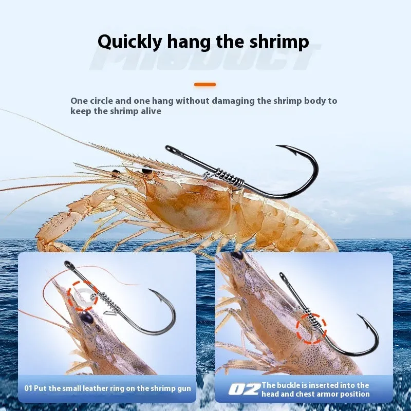 Spring rubber band sea fishing lure with barbed hook holding live shrimp for outdoor fishing