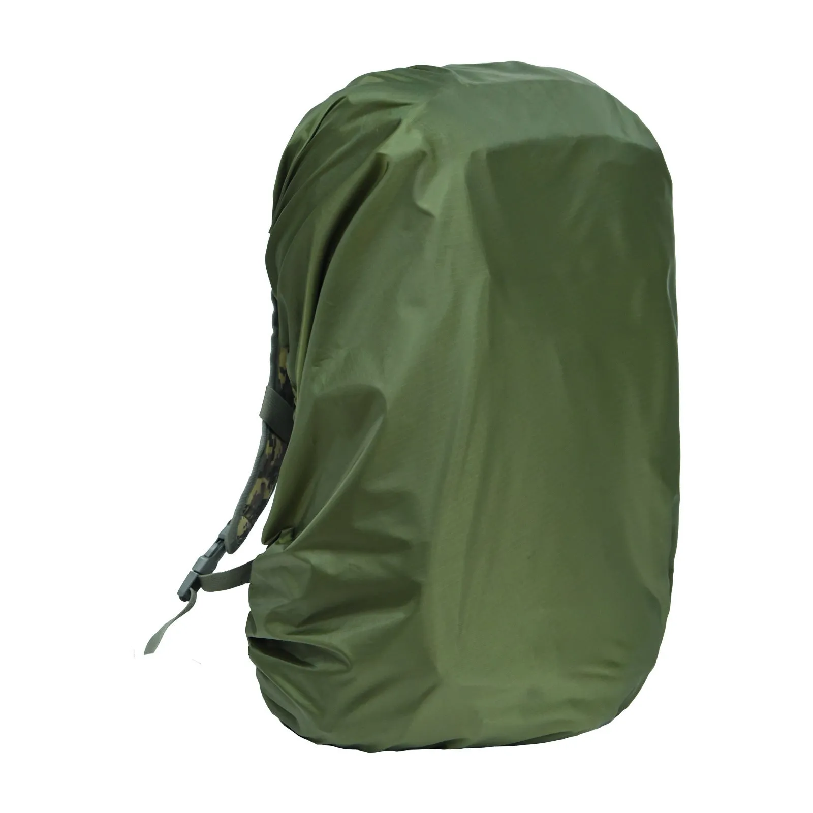 Army green waterproof rain cover for an 80-litre outdoor backpack.