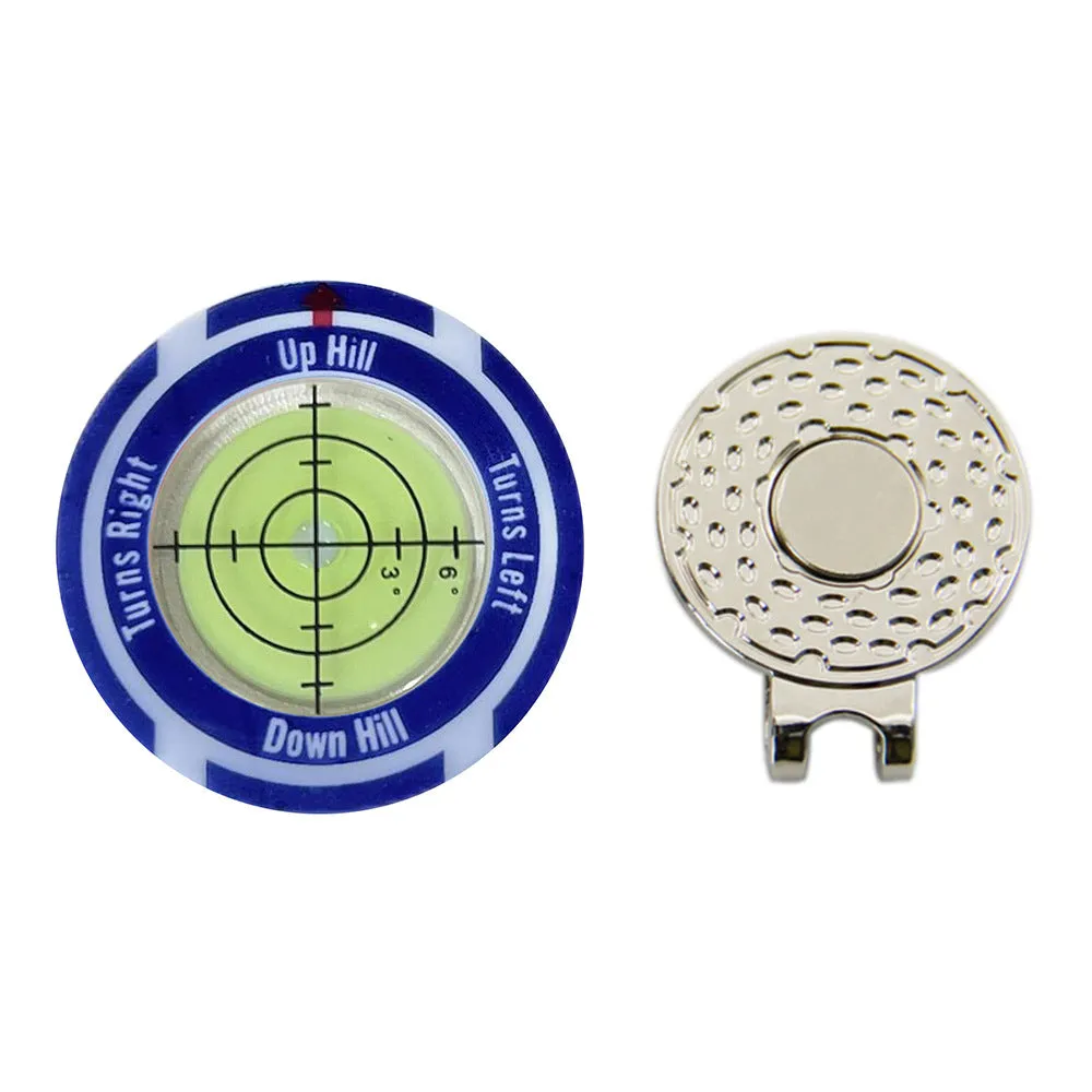 Golf level hat clip accessory with position mark in multiple colour options for distance measurement
