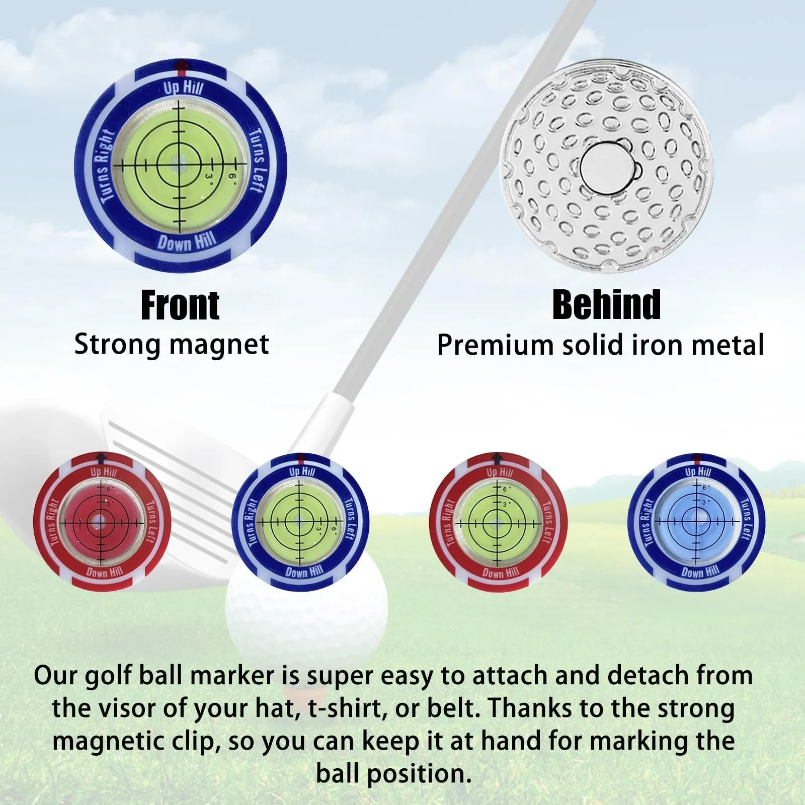 Golf level hat clip accessory with position mark in multiple colour options for distance measurement