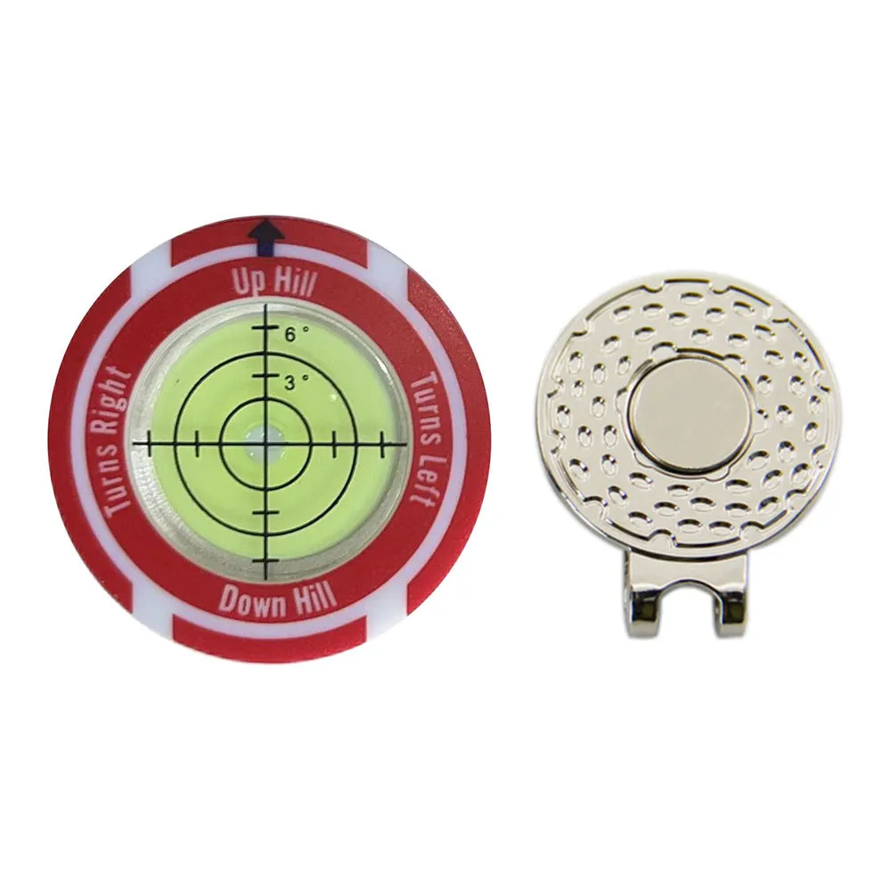 Golf level hat clip accessory with position mark in multiple colour options for distance measurement