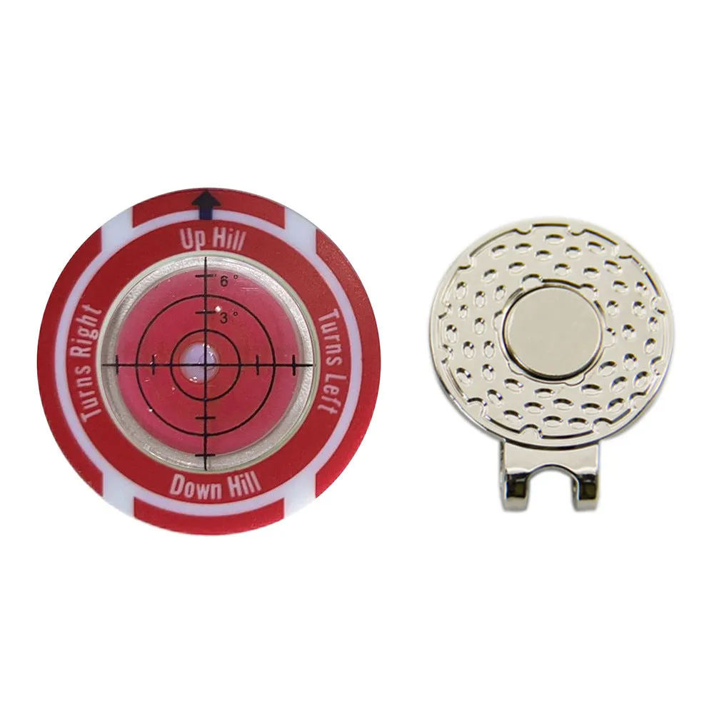 Golf level hat clip accessory with position mark in multiple colour options for distance measurement