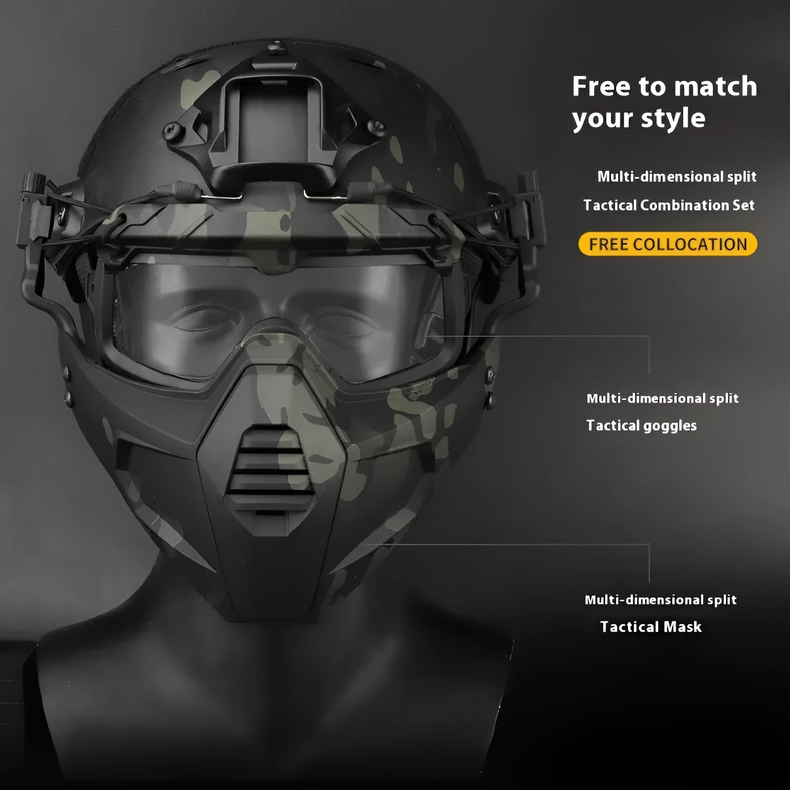 Multi-dimensional split tactical combination suit mask and goggles in black, TPE fabric, ABS PC lens
