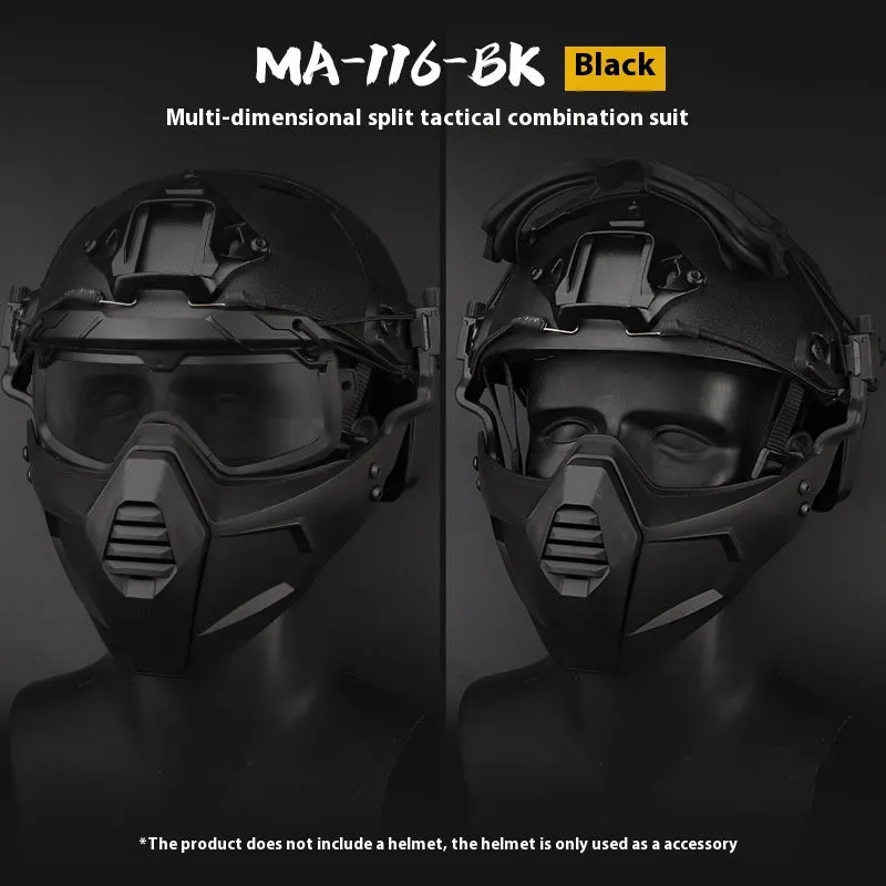 Multi-dimensional split tactical combination suit mask and goggles in black, TPE fabric, ABS PC lens