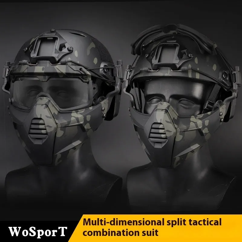Multi-dimensional split tactical combination suit mask and goggles in black, TPE fabric, ABS PC lens