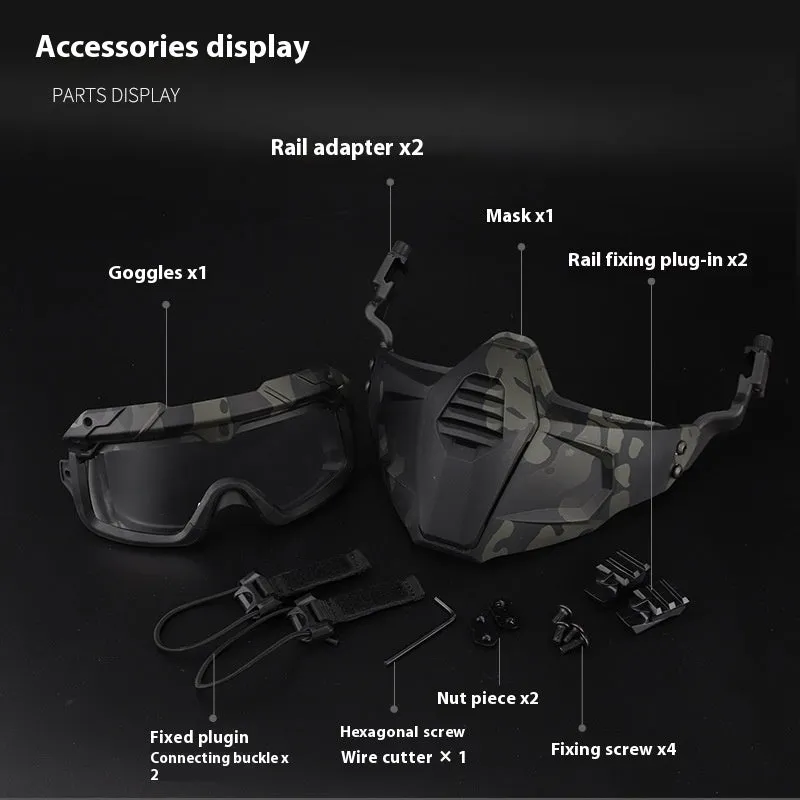 Multi-dimensional split tactical combination suit mask and goggles in black, TPE fabric, ABS PC lens