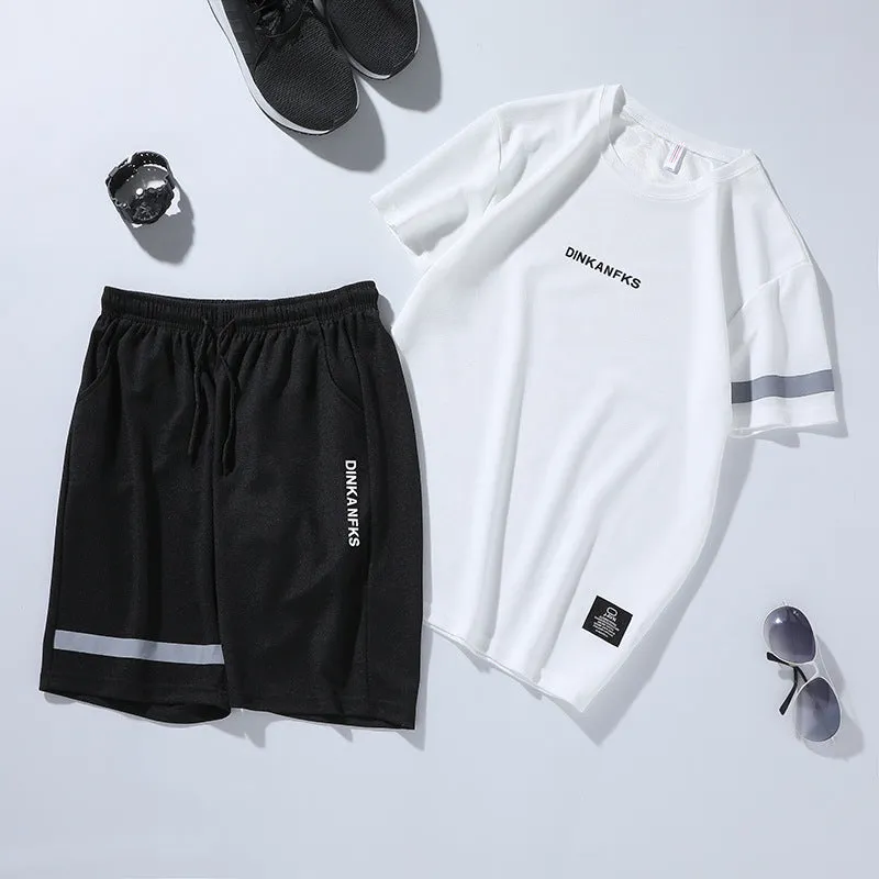 Men's sports suit two-piece set with short-sleeved T-shirt and shorts in polyester fabric, available in black, grey, white, yellow