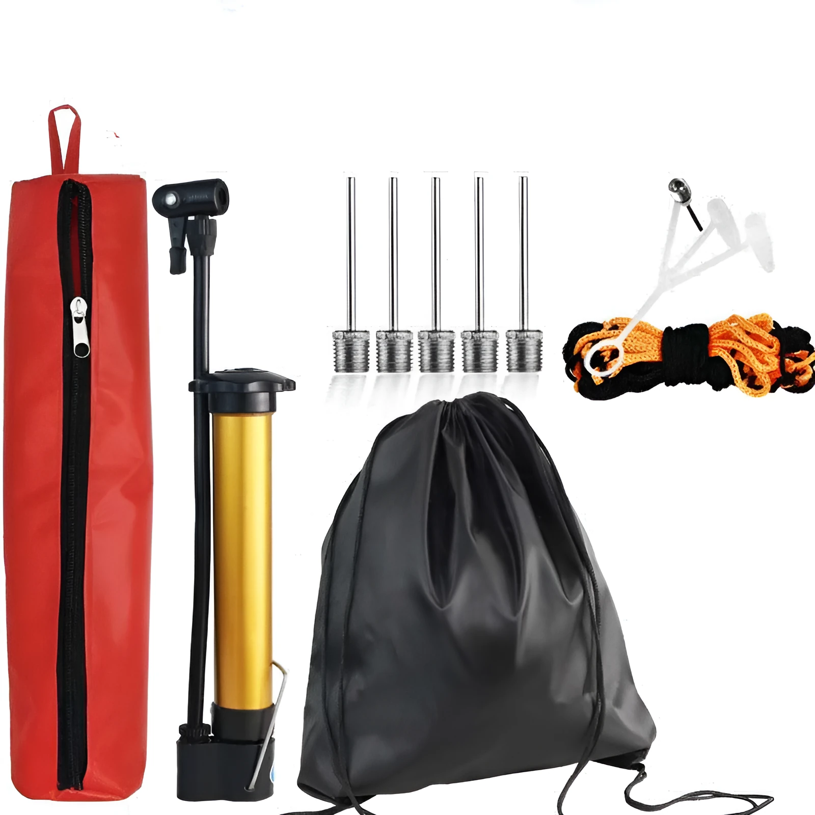 Basketball pump with air cylinder, multi-purpose needles, net pocket, and ball bag for inflating sports balls