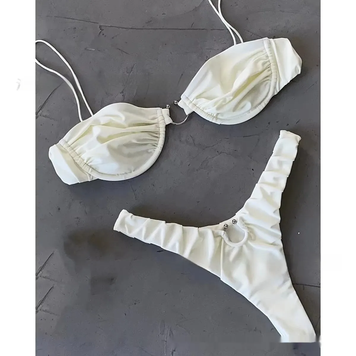 Solid colour nylon bikini two-piece set in pink with briefs style bottom