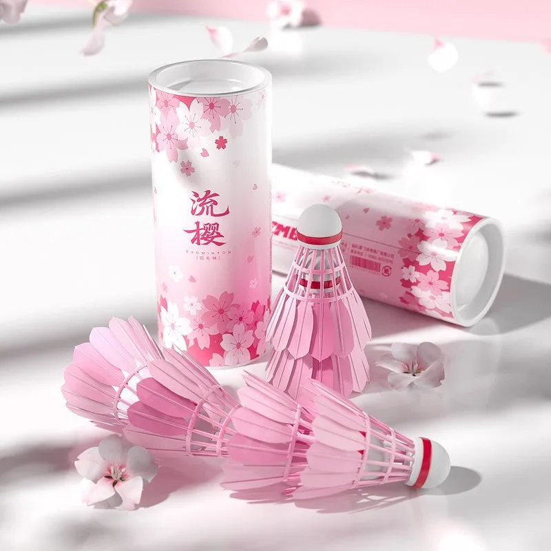 Pink goose feather badminton shuttlecocks in 6 pack on court background