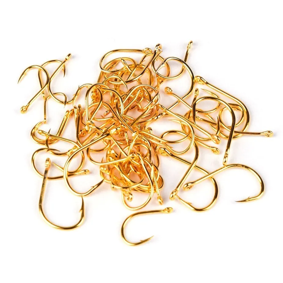 Box of 500 mixed size Iseni style fishing hooks in silver, black, and imitation gold finishes