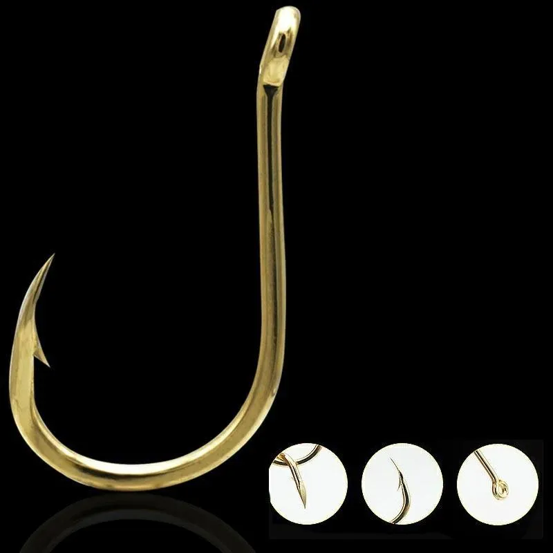 Box of 500 mixed size Iseni style fishing hooks in silver, black, and imitation gold finishes