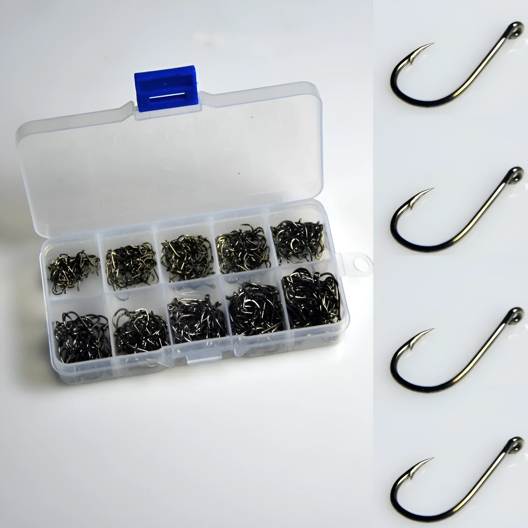 Box of 500 mixed size Iseni style fishing hooks in silver, black, and imitation gold finishes