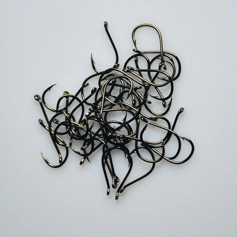Box of 500 mixed size Iseni style fishing hooks in silver, black, and imitation gold finishes