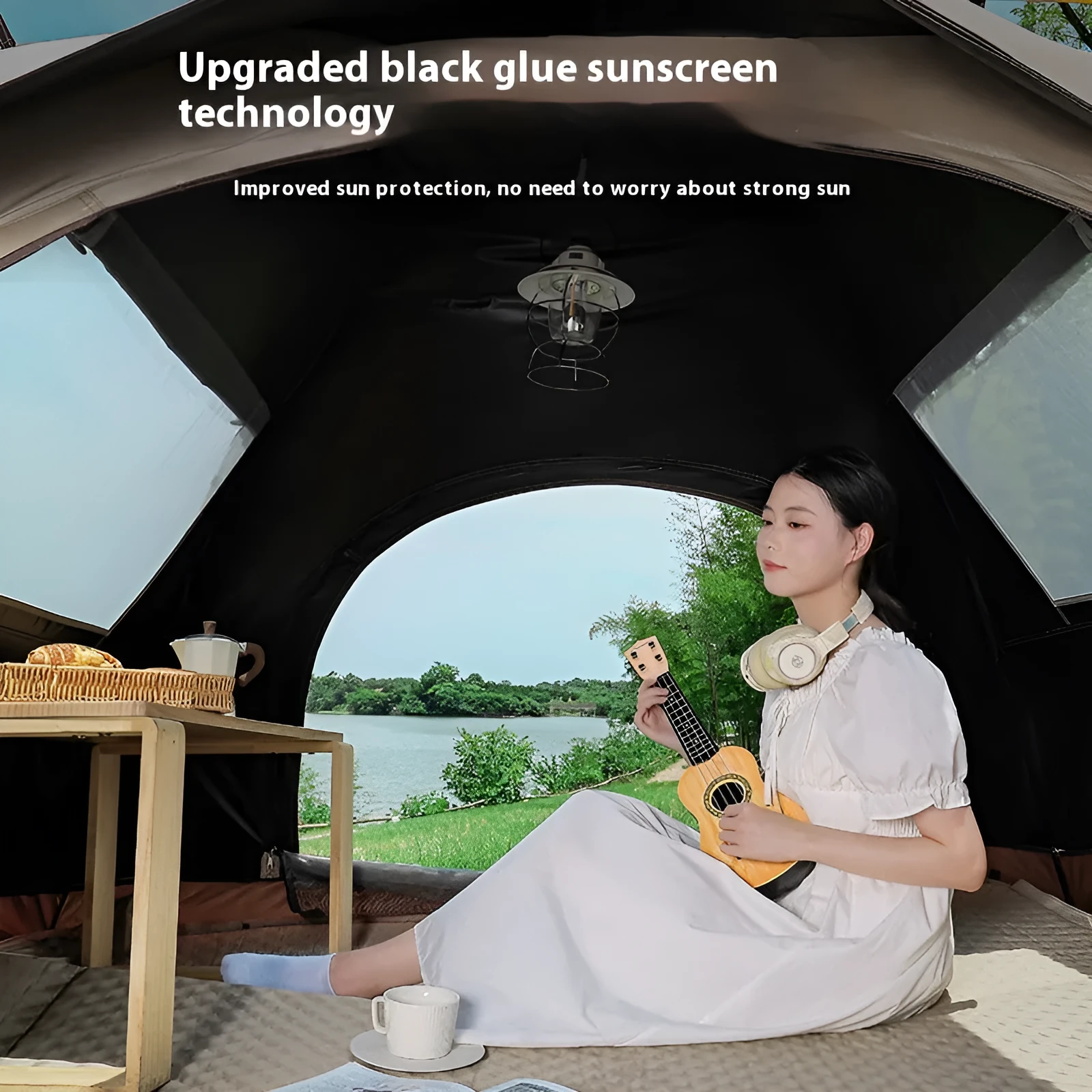 Outdoor portable double camping tent with silver glue quicksand gold material, one door and one window