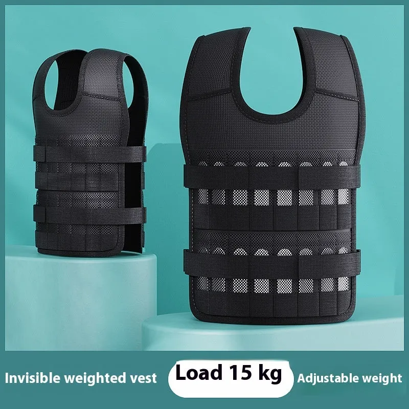 Black leather adjustable weight vest with cast iron plates for running and strength training