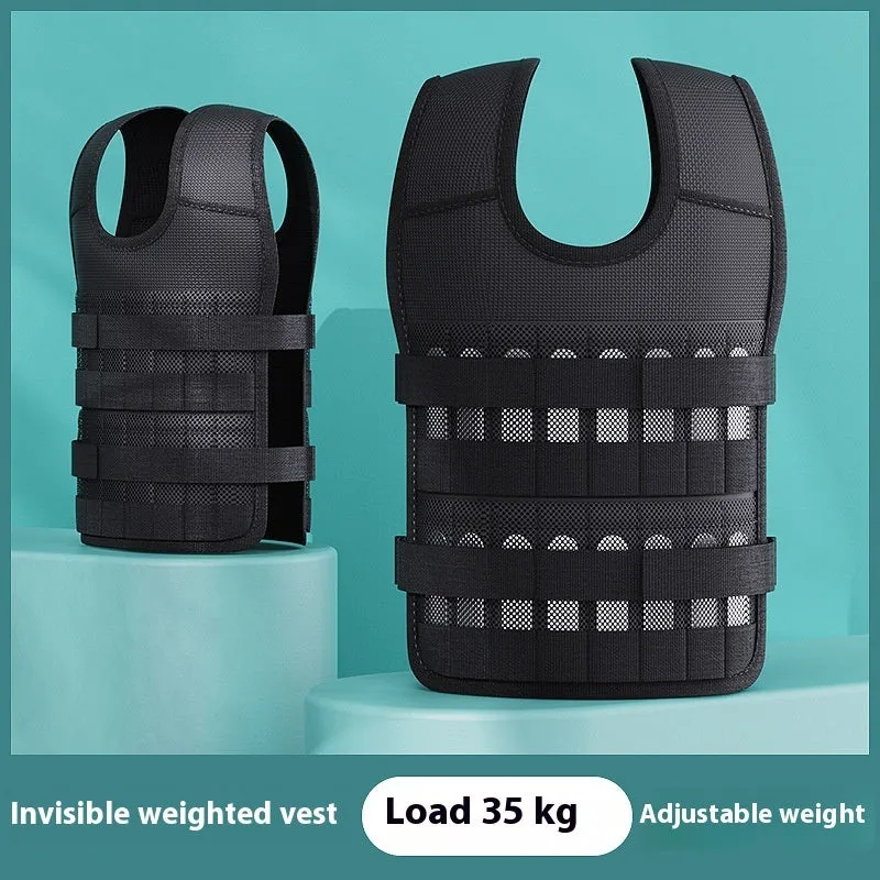 Black leather adjustable weight vest with cast iron plates for running and strength training