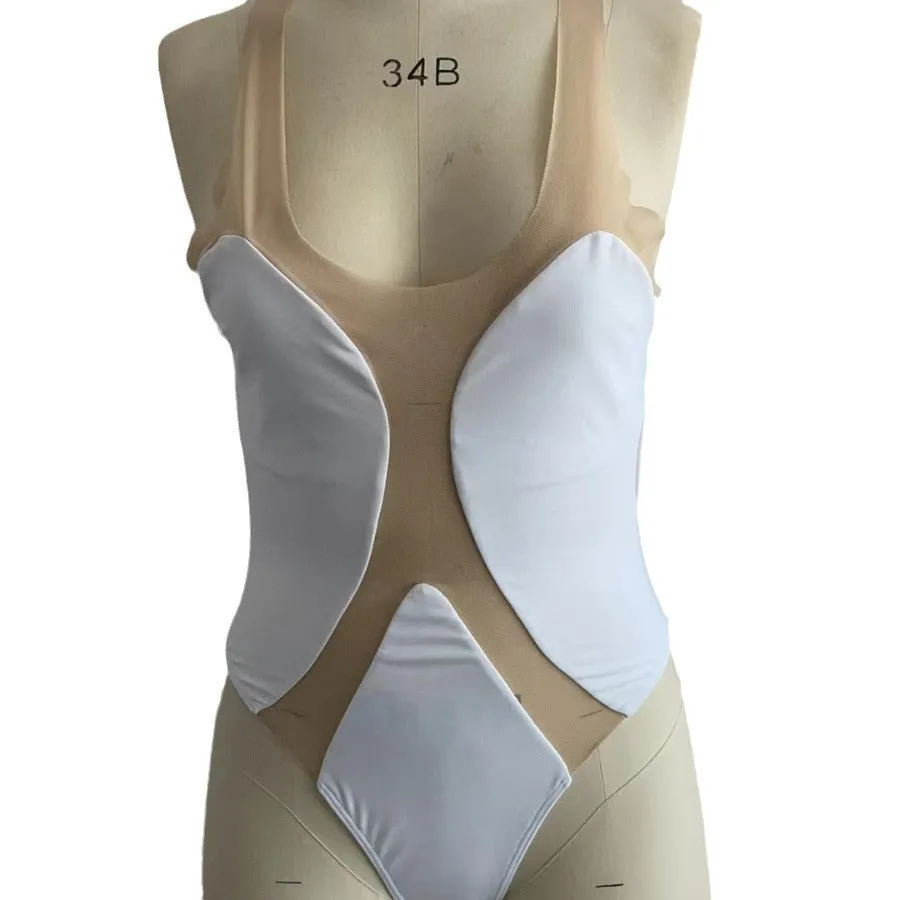 Women's one-piece swimming suit in solid white with hollow mesh pattern and spandex lining