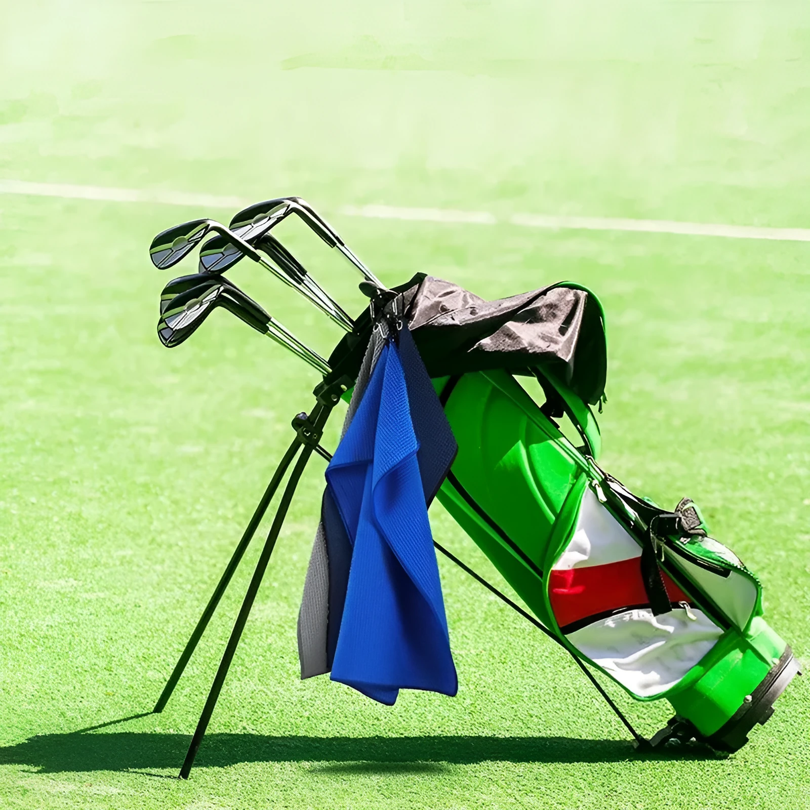 Waffle weave golf ball cleaning towel in blue, shown next to a golf ball.