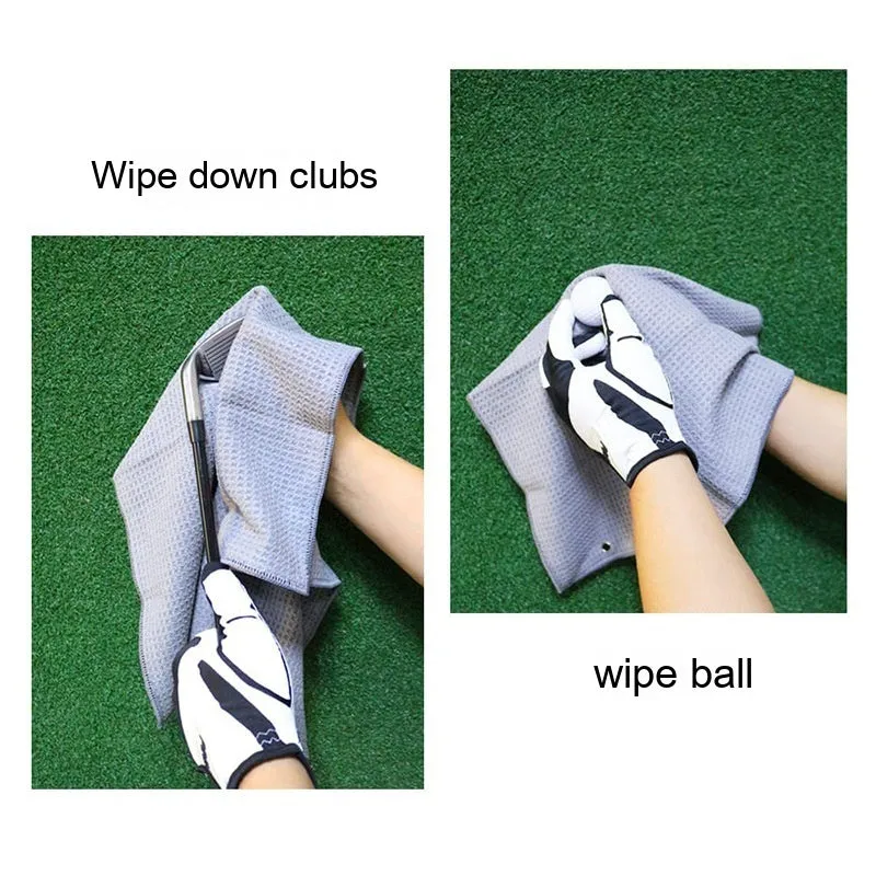 Waffle weave golf ball cleaning towel in blue, shown next to a golf ball.