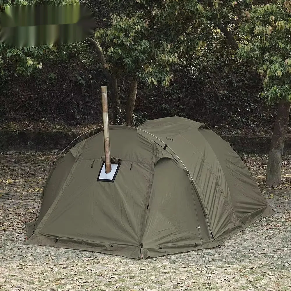 Double occupancy four-season tunnel tent with dome extension, olive green, pitched on grass with external and internal tents visible