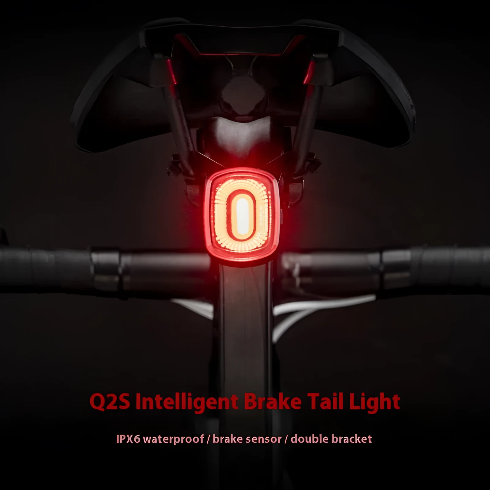 Black smart bicycle taillight with intelligent induction stop lamp mounted on bike frame