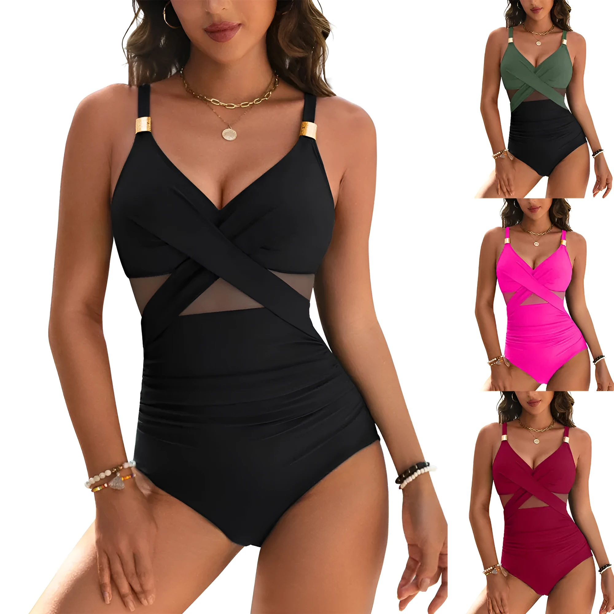 Women's one-piece pure colour mesh swimsuit in black nylon and spandex, sleeveless