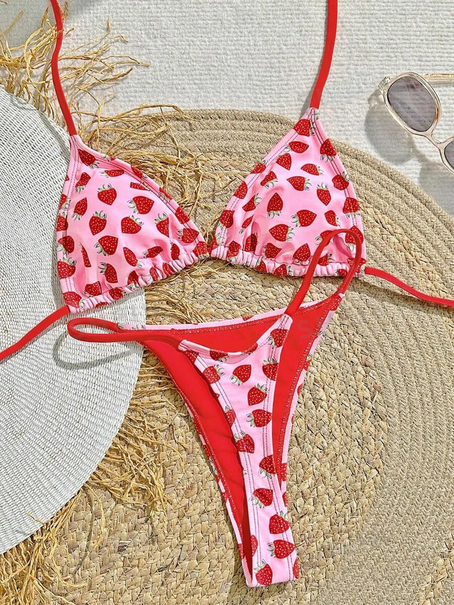 Women's pink strawberry print lace-up triangle bikini set with polyester-nylon fabric for swimming
