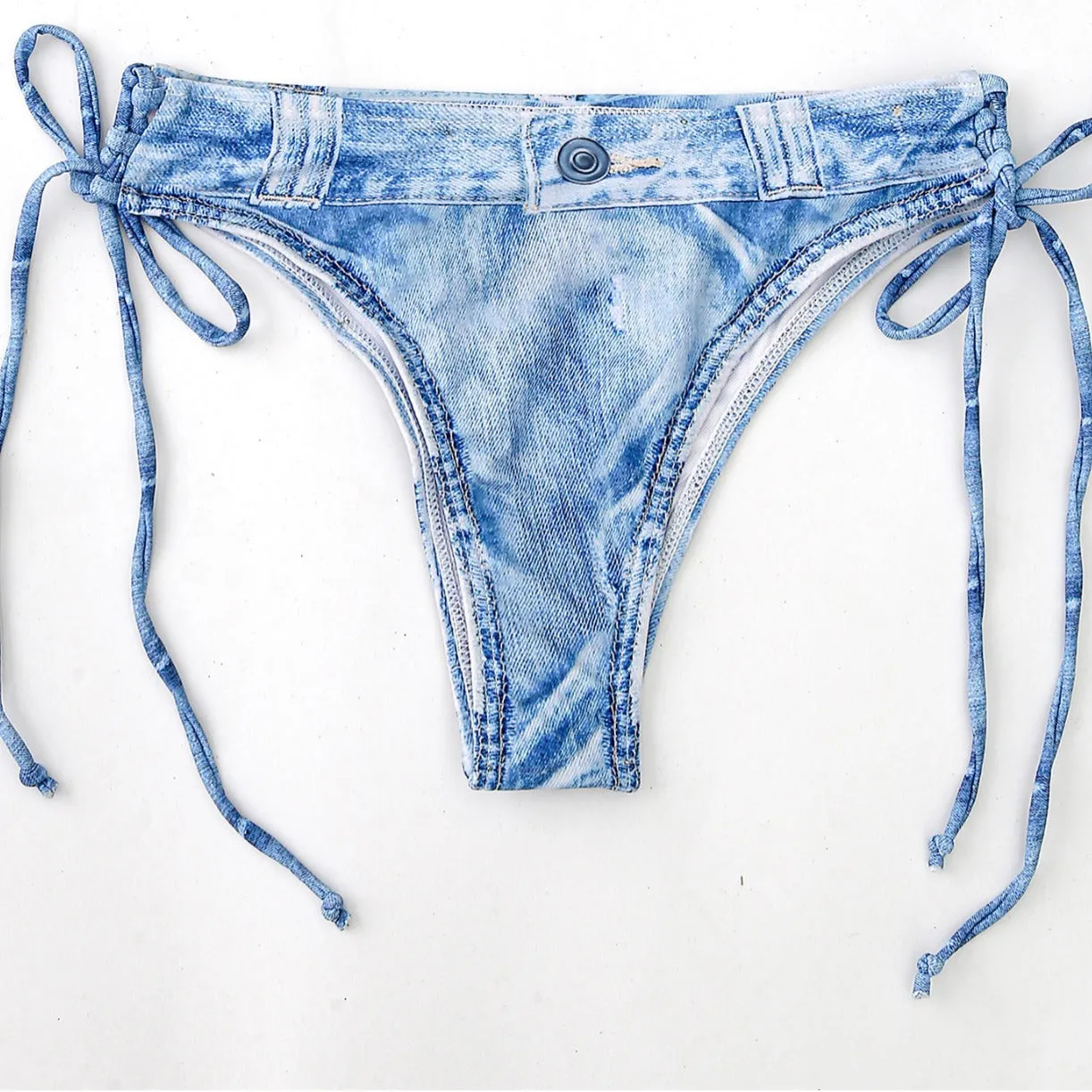 Women's denim two-piece bikini swimsuit in rose red polyester with sexy pattern, sizes S to XL