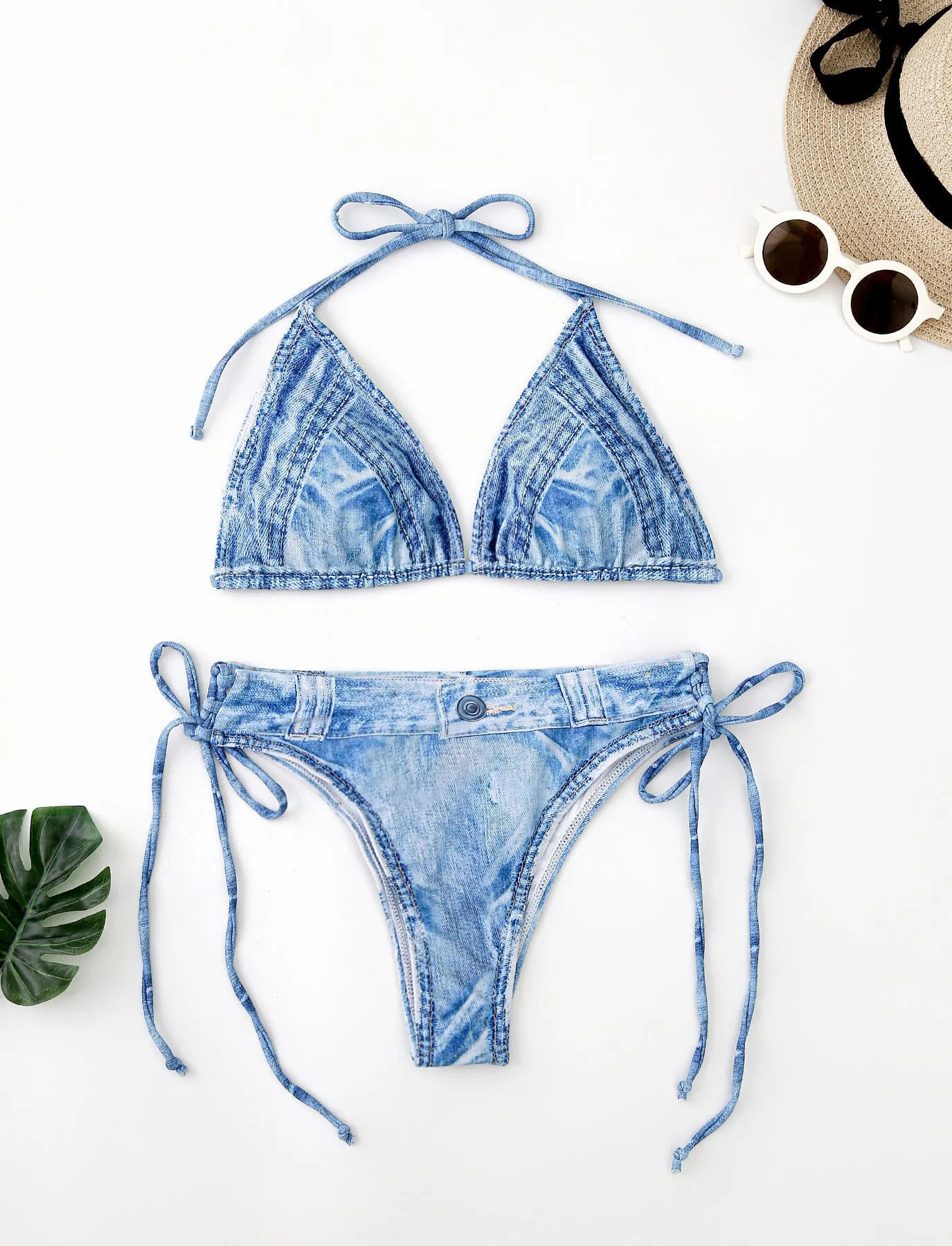 Women's denim two-piece bikini swimsuit in rose red polyester with sexy pattern, sizes S to XL