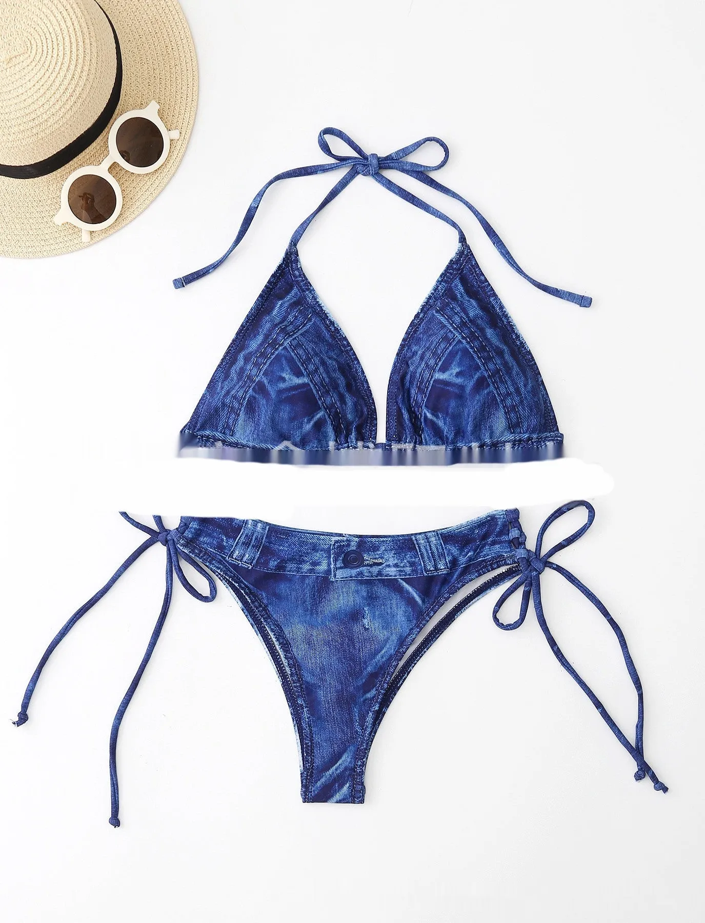 Women's denim two-piece bikini swimsuit in rose red polyester with sexy pattern, sizes S to XL