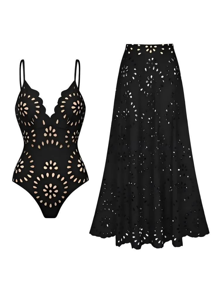 Women's one-piece swimsuit set with dress cover-up in black, polyester spandex, sizes S to XL