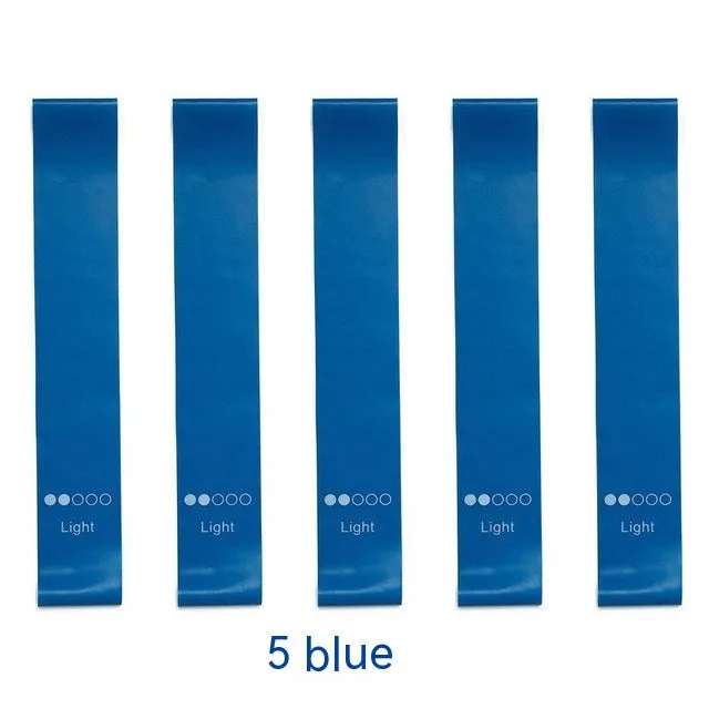 Five colour-coded TPE yoga tension straps with force marks arranged by thickness from 0.5mm to 1.1mm