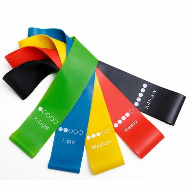 Five colour-coded TPE yoga tension straps with force marks arranged by thickness from 0.5mm to 1.1mm