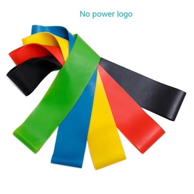 Five colour-coded TPE yoga tension straps with force marks arranged by thickness from 0.5mm to 1.1mm