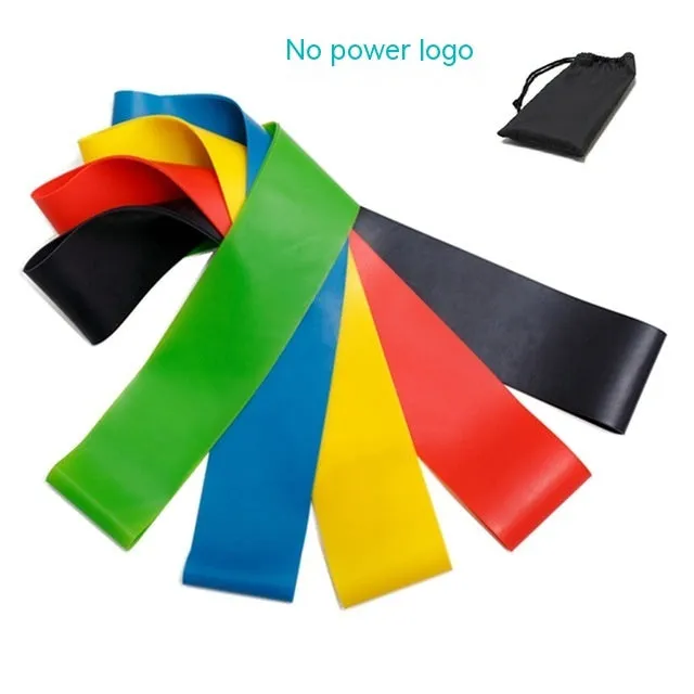 Five colour-coded TPE yoga tension straps with force marks arranged by thickness from 0.5mm to 1.1mm