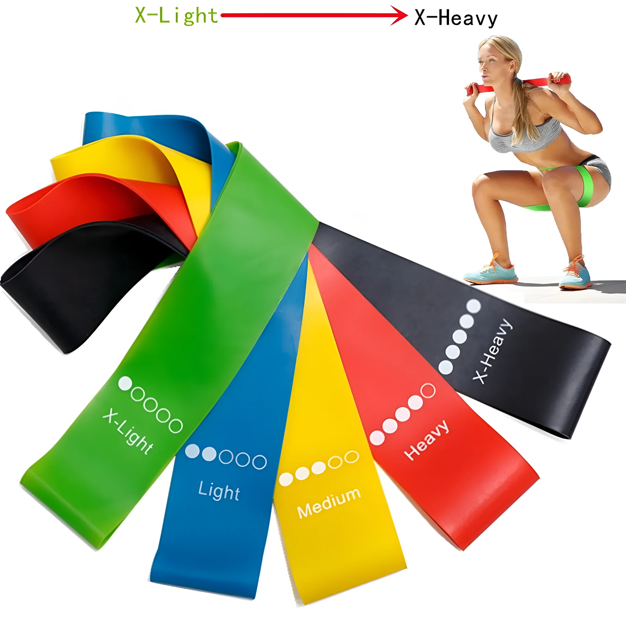 Five colour-coded TPE yoga tension straps with force marks arranged by thickness from 0.5mm to 1.1mm