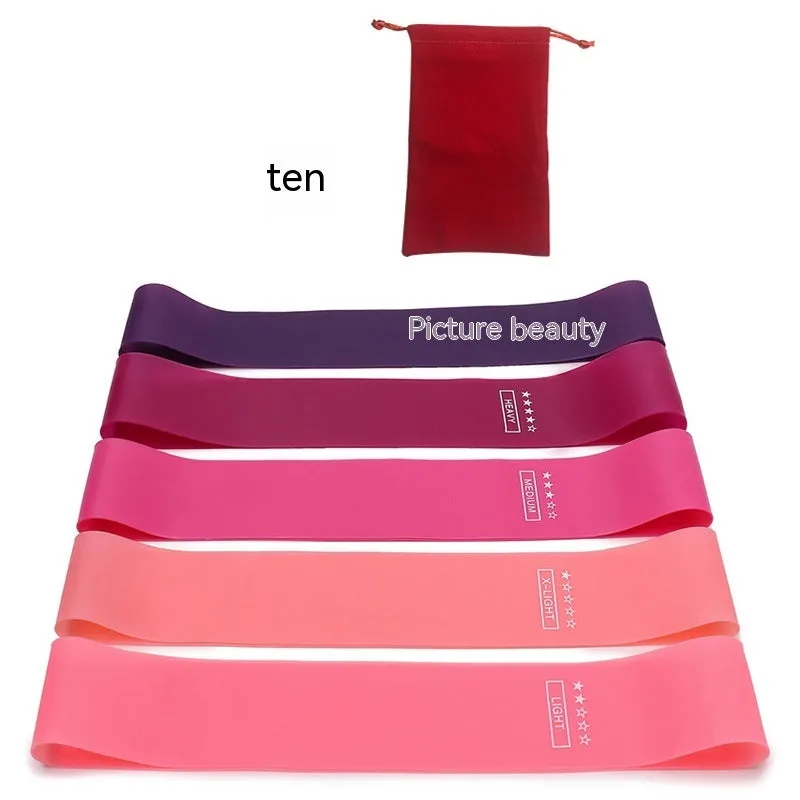 Five colour-coded TPE yoga tension straps with force marks arranged by thickness from 0.5mm to 1.1mm