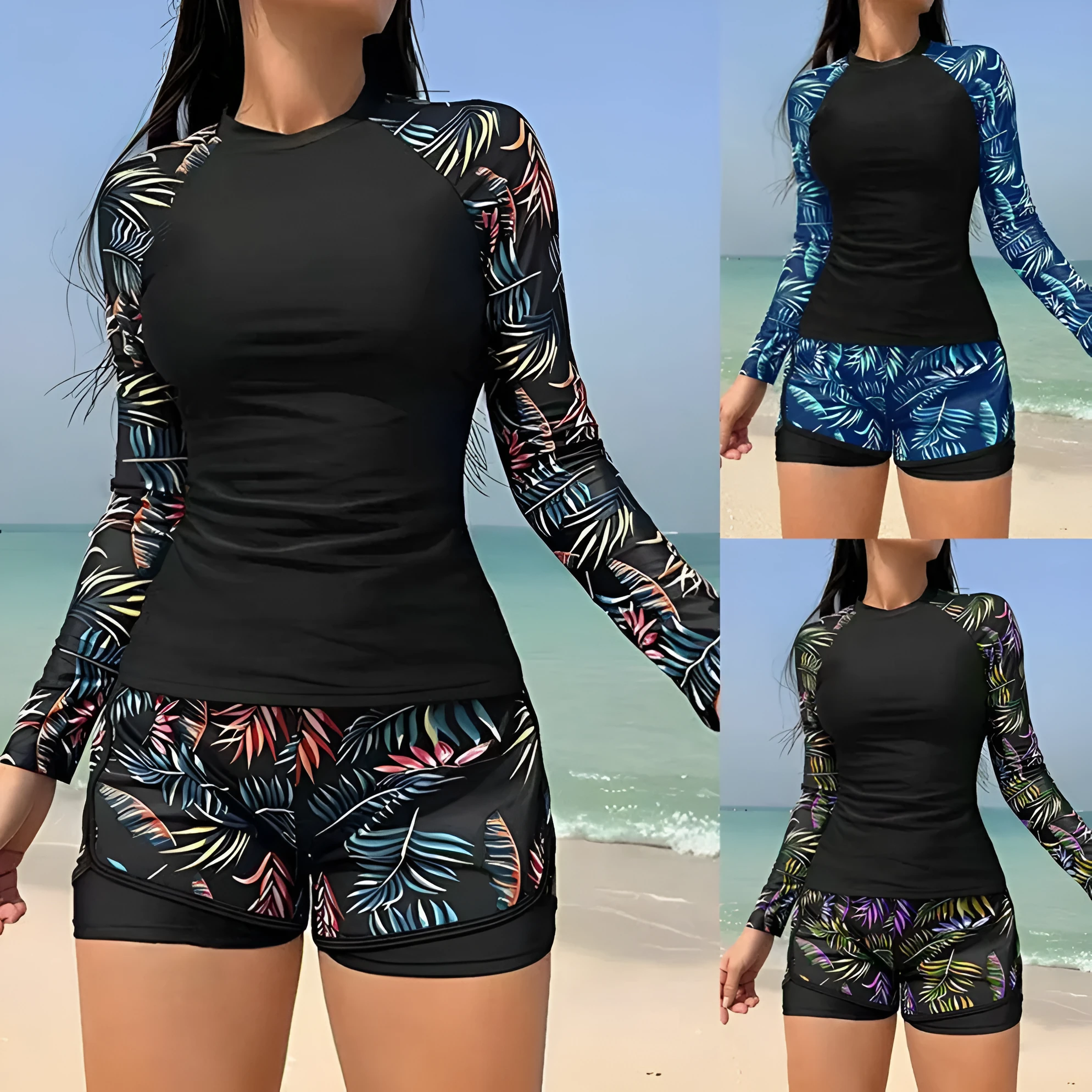 Printed stitching women's split tankini swimsuit in dark blue leaves pattern, polyester briefs style