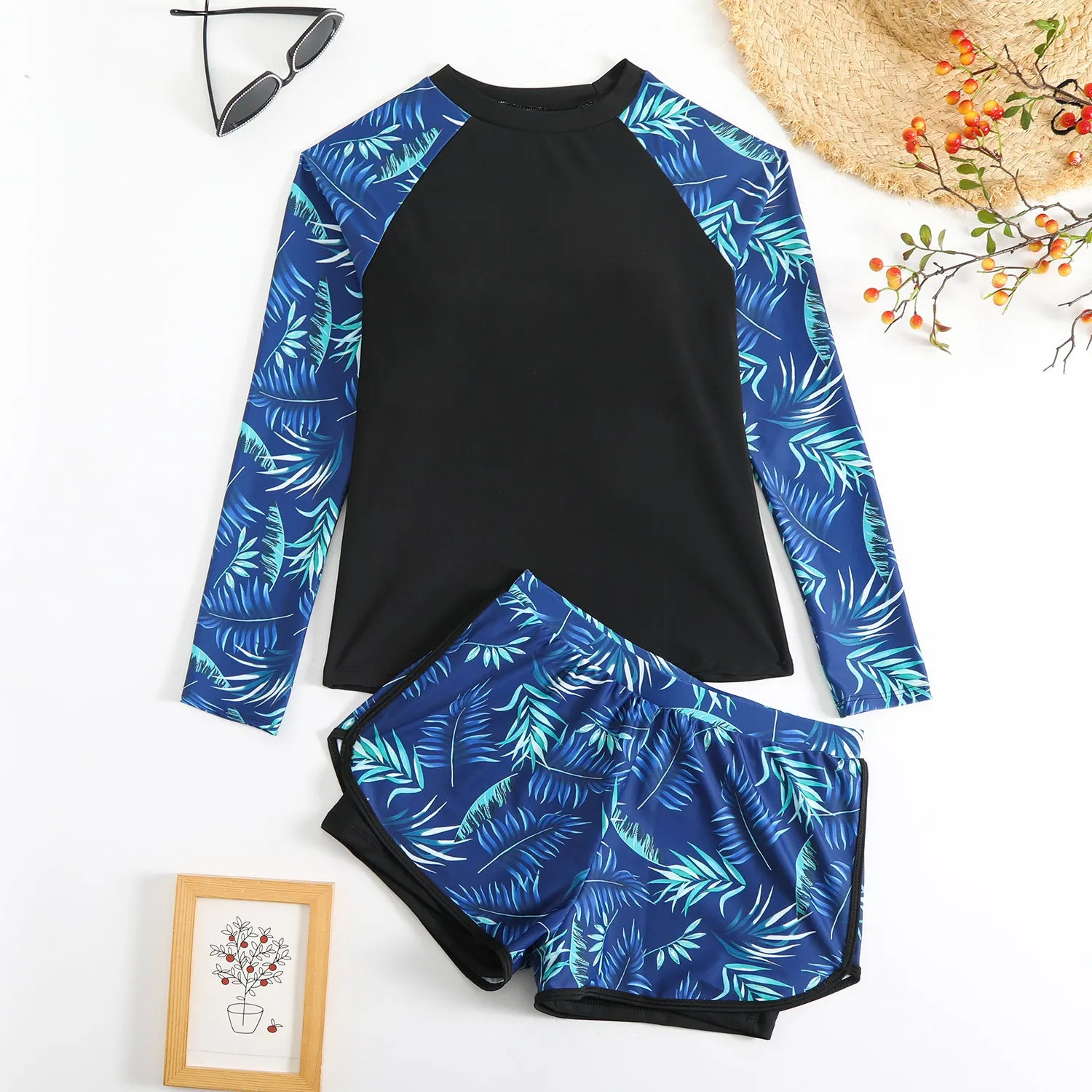 Printed stitching women's split tankini swimsuit in dark blue leaves pattern, polyester briefs style