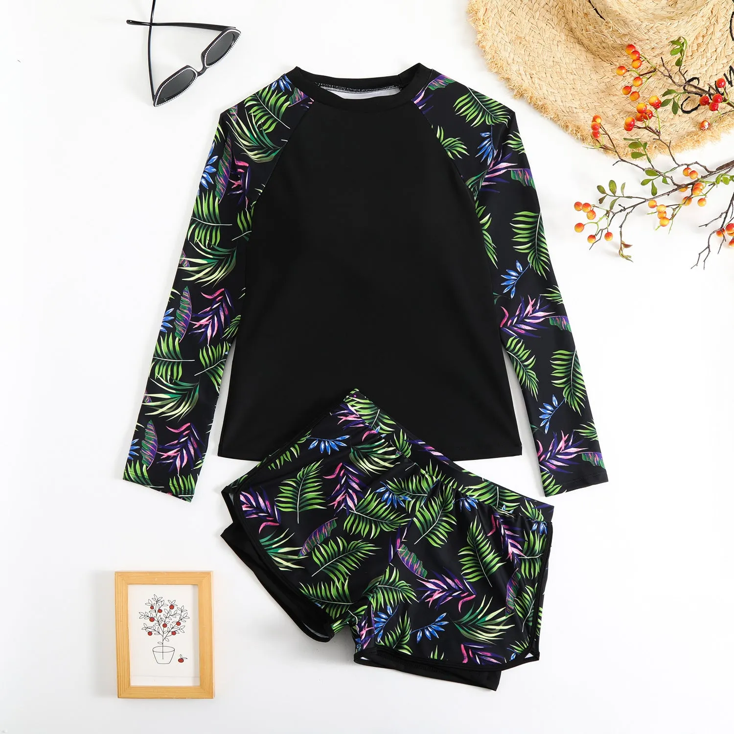Printed stitching women's split tankini swimsuit in dark blue leaves pattern, polyester briefs style