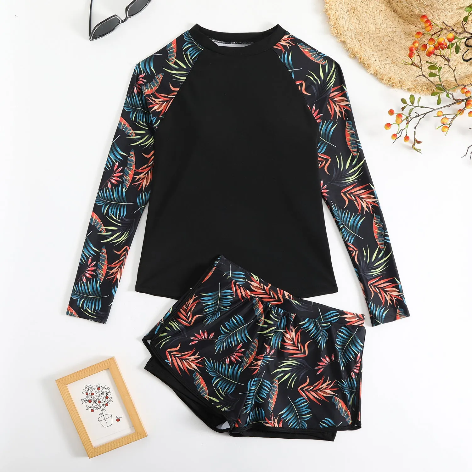 Printed stitching women's split tankini swimsuit in dark blue leaves pattern, polyester briefs style