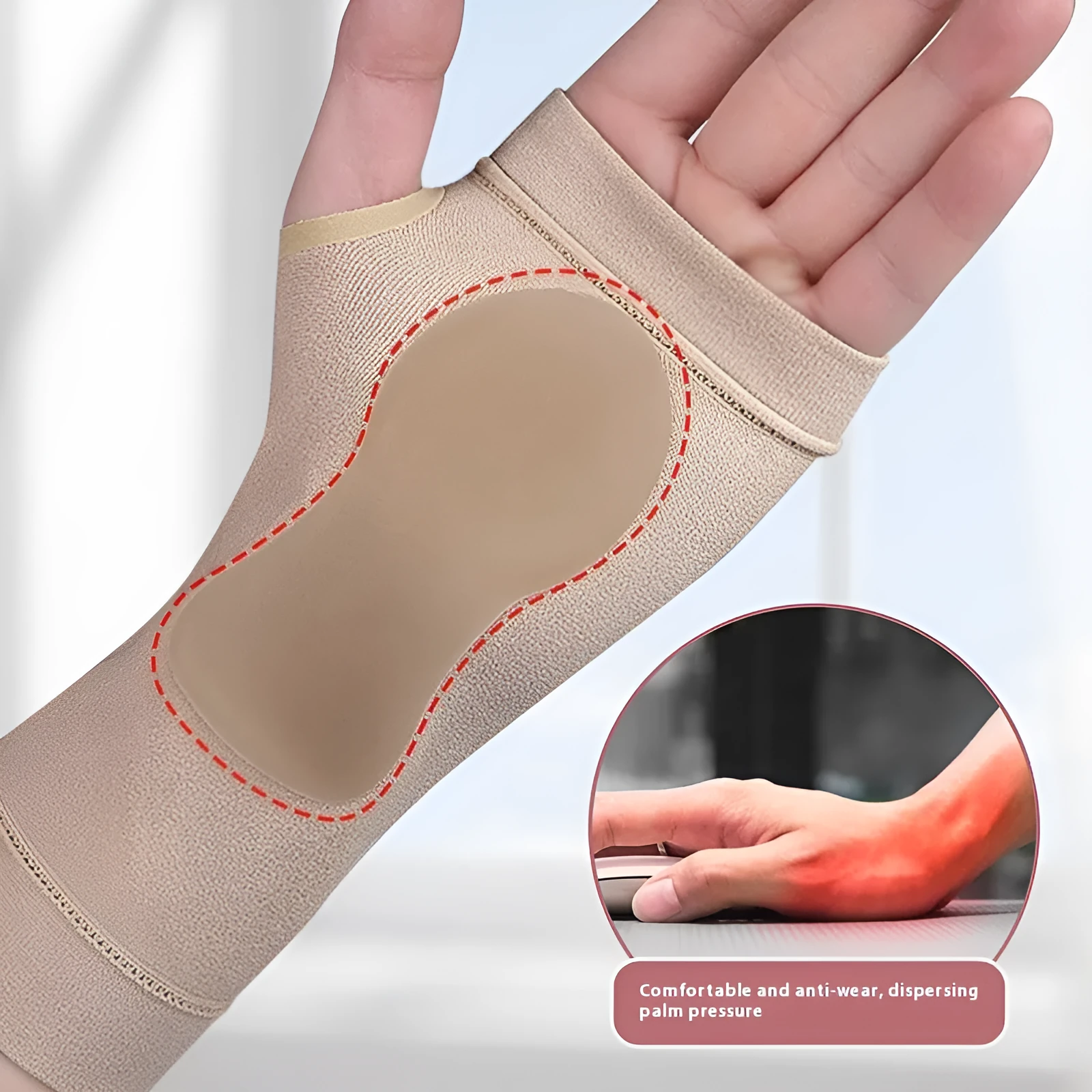 Soft wear-resistant sports wristband in skin colour for left hand, placed on a fitness mat