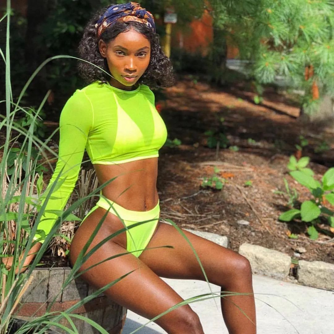 3 piece neon green bikini swimsuit set with high waist bottom and long sleeves on women