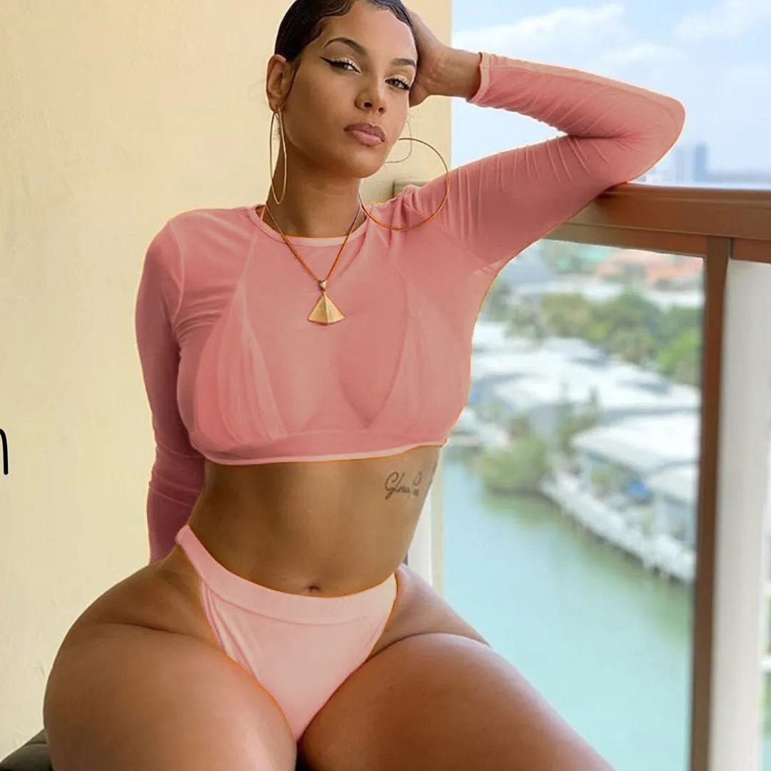 3 piece neon green bikini swimsuit set with high waist bottom and long sleeves on women