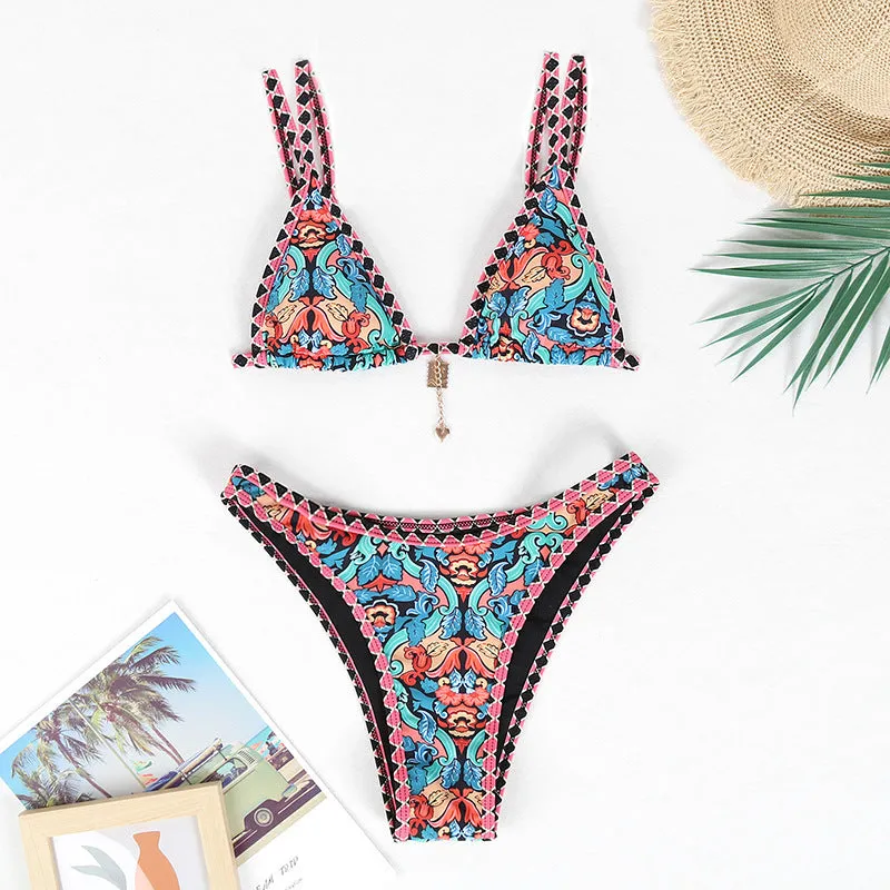 Retro print women's bikini in four colours with polyester fabric for swimming sports
