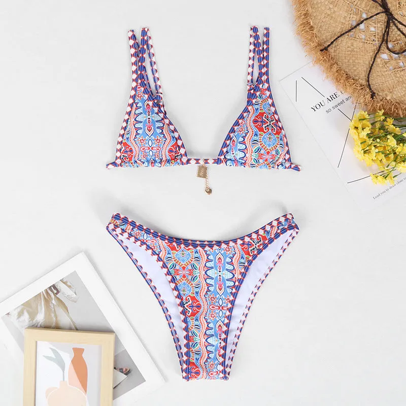 Retro print women's bikini in four colours with polyester fabric for swimming sports
