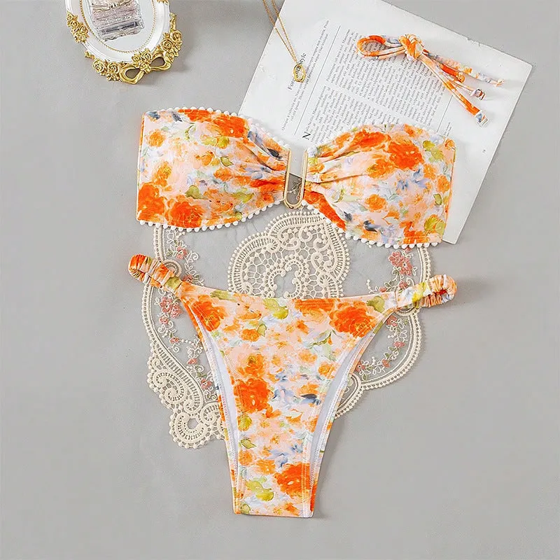 Printed flower pattern polyester bikini swimsuit for women in multi-colour, available in sizes S to XL